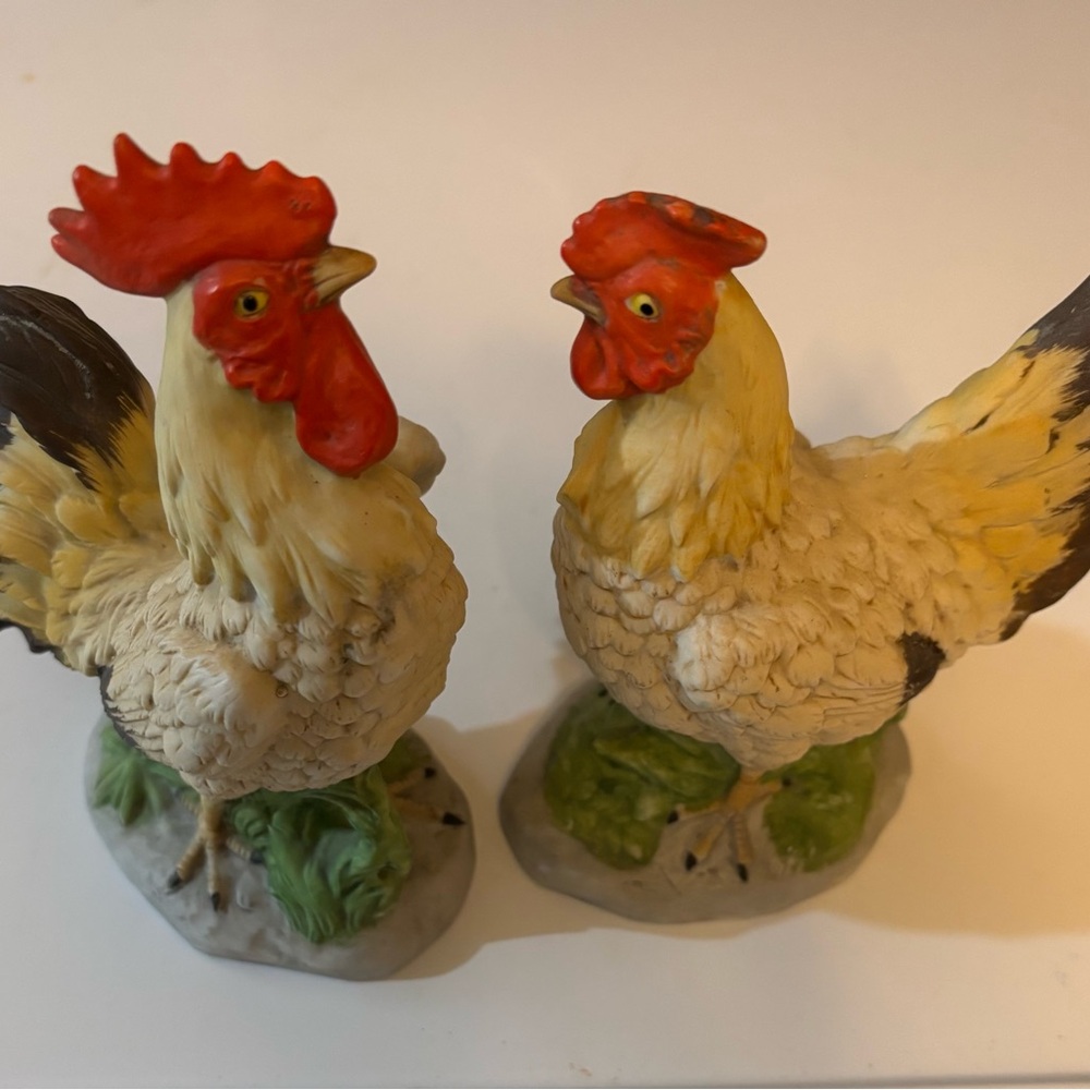 Antique Hand Painted Rooster and Hen